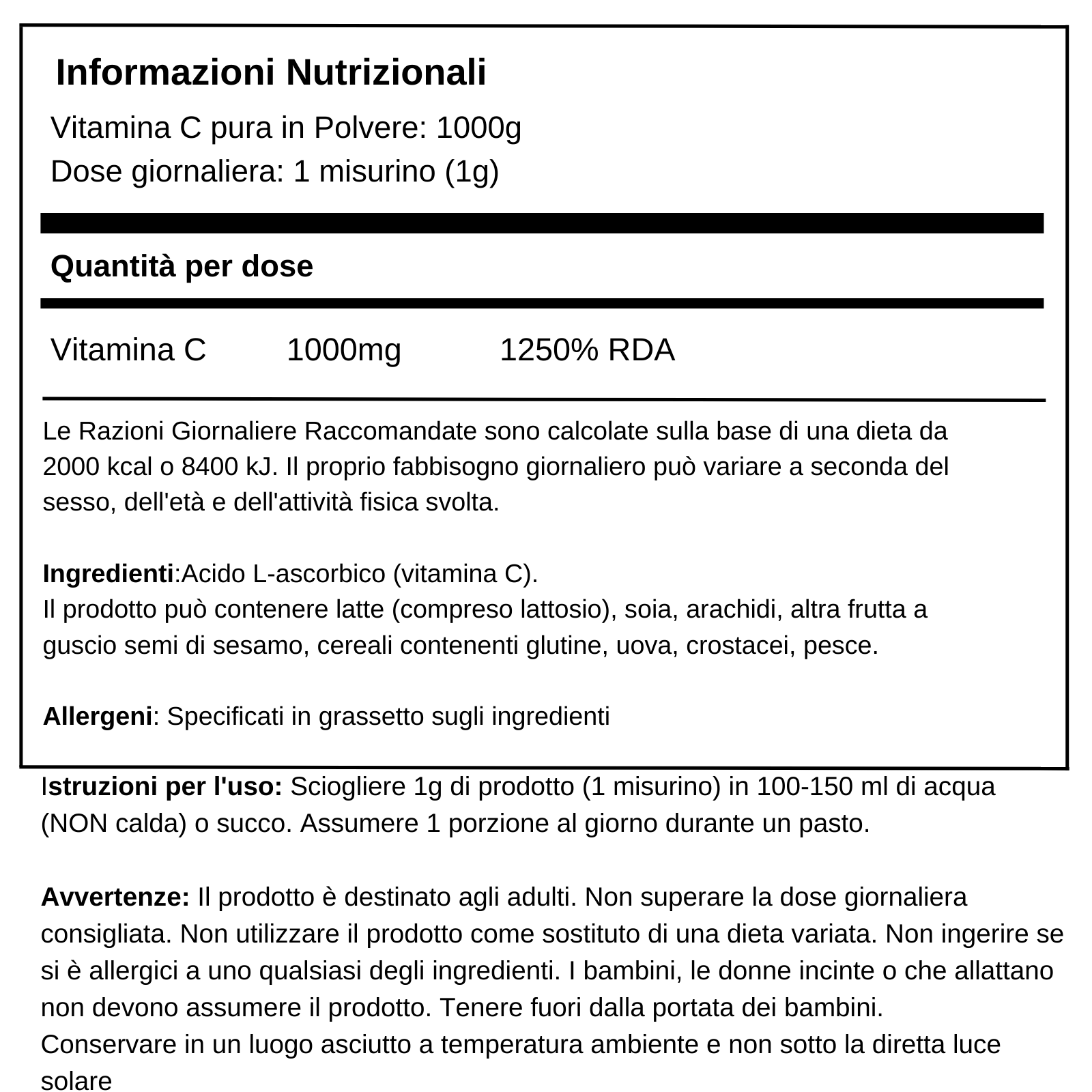 Vitamina C Polvere Acido Ascorbico E300 100% Pura Integratore Antiossidante 1 KG
