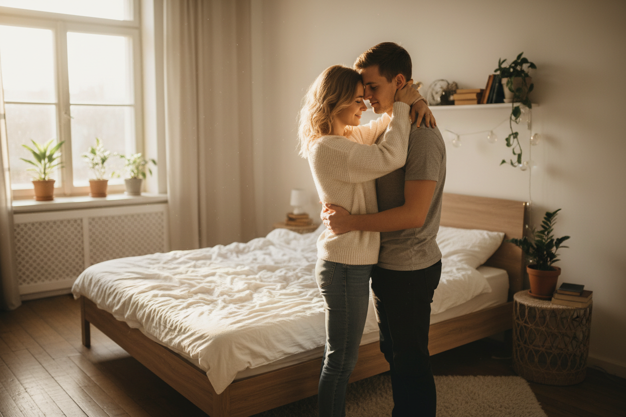 a young couple hugging standing up in their bedroom. the woman is blonde